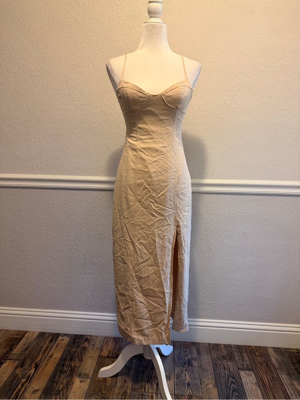 Zara Beige Spaghetti Strap Midi Dress with Side Slit NWT Size Small